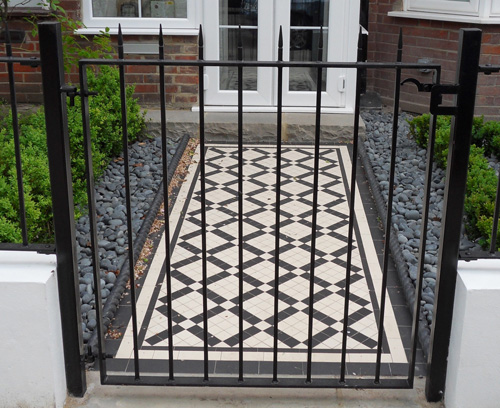 Gates & paths, wrought iron, Victorian tiling